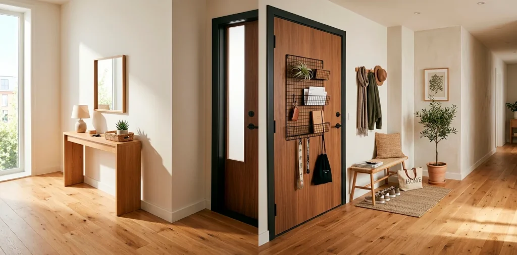 Bright modern apartment entryway featuring a sleek over-the-door wire storage rack holding everyday essentials and plants.