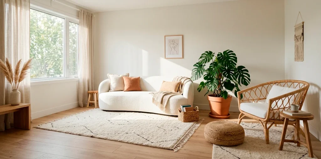 Serene minimalist boho living room with white curved sofa, rattan chair, cream Moroccan rug, and natural sunlight.