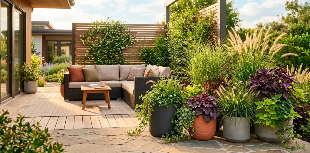 Lush low maintenance container garden on a sunny modern patio with sleek self watering planters