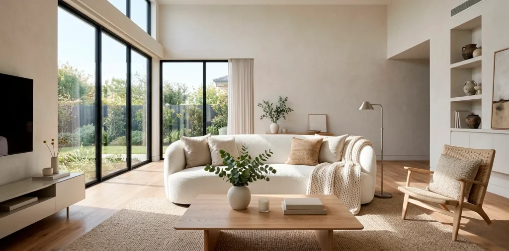 Modern living room with a pristine white sofa and neutral textured decor