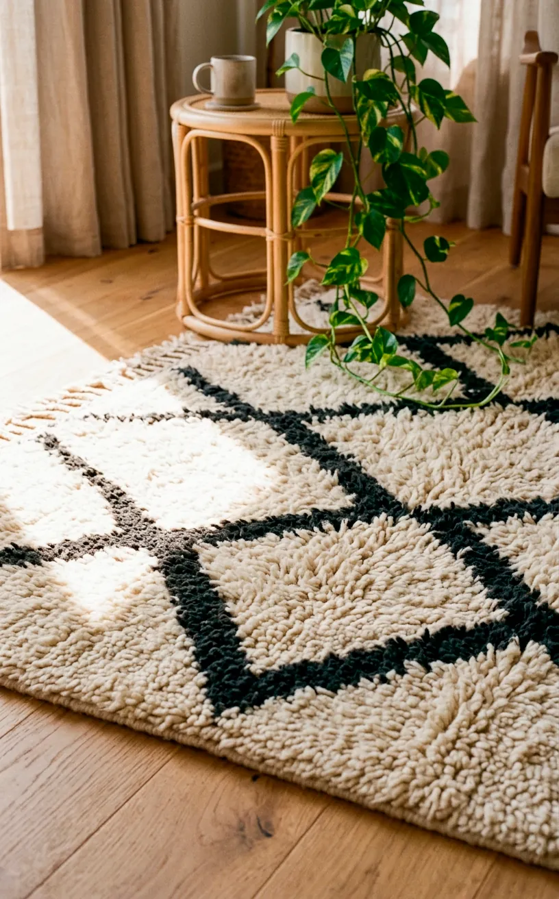 Close up of cream tufted Moroccan rug with geometric pattern on oak floor in Scandi-Boho living room.