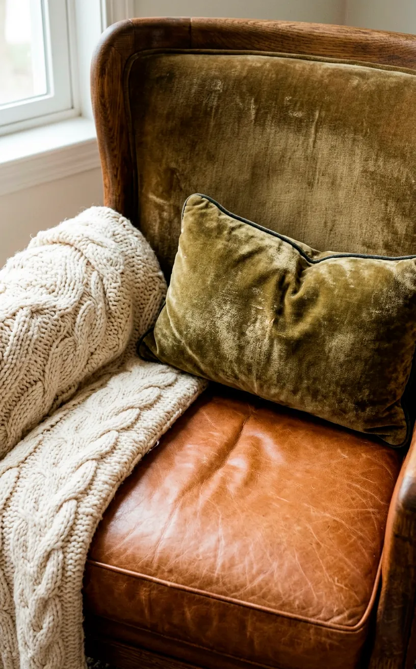 A close-up of a smooth leather chair draped with a chunky knit throw and velvet pillow.