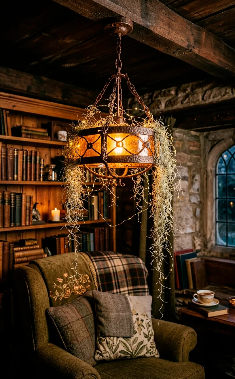 Rustic pendant light wrapped in Spanish moss emitting a warm amber glow.
