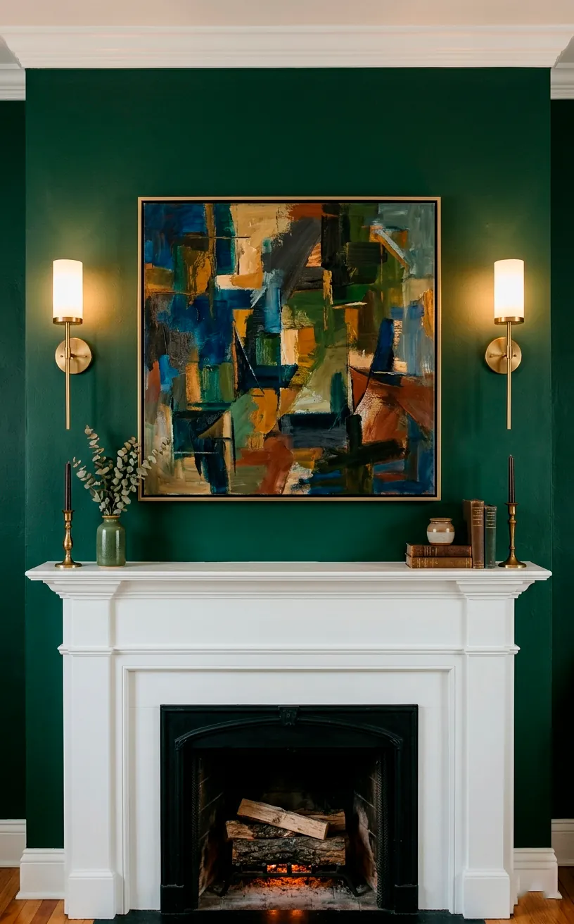 Symmetrical brushed brass wall sconces flanking a large painting over a fireplace.
