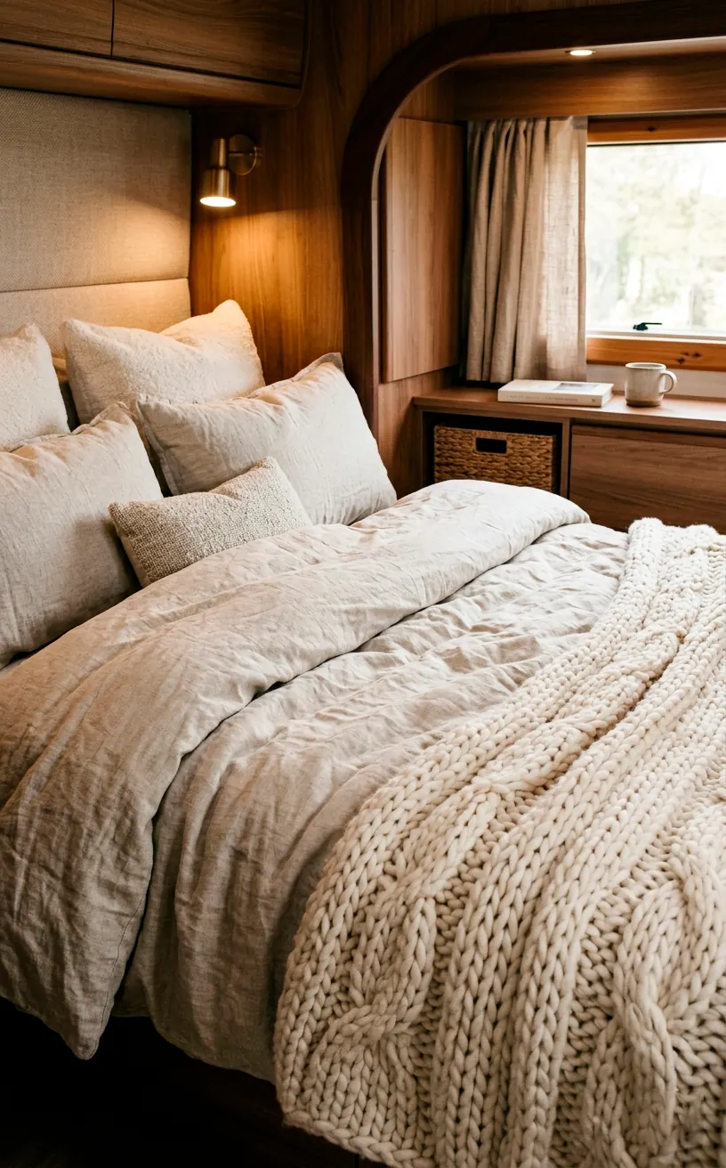 Luxurious van bed layered with an oatmeal linen duvet and a chunky knit blanket.