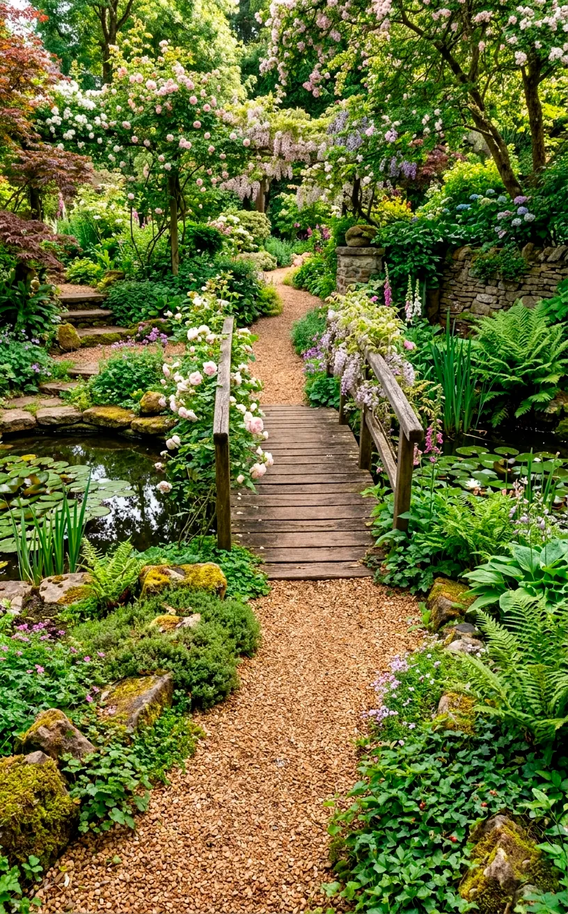 Crushed gravel pathway connecting seamlessly to a wooden garden pond bridge