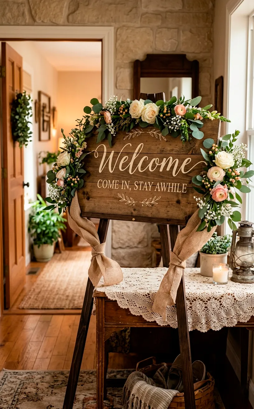 Wooden wedding welcome sign on an easel framed with burlap floral swags over a lace runner