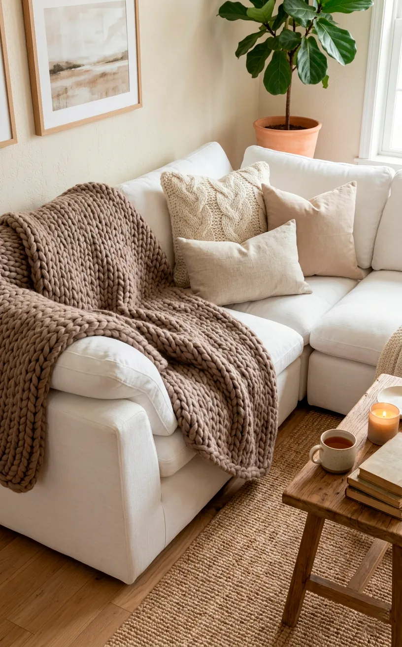 White sectional sofa draped with a taupe chunky knit throw blanket