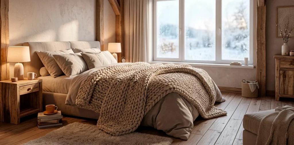 A plush king-sized bed adorned with a thick, cozy wool blanket in a warm, sunlit bedroom during winter.