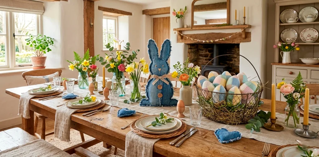 Wide rustic farmhouse dining table styled with upcycled fabric Easter decor, patchwork eggs, and a denim bunny.