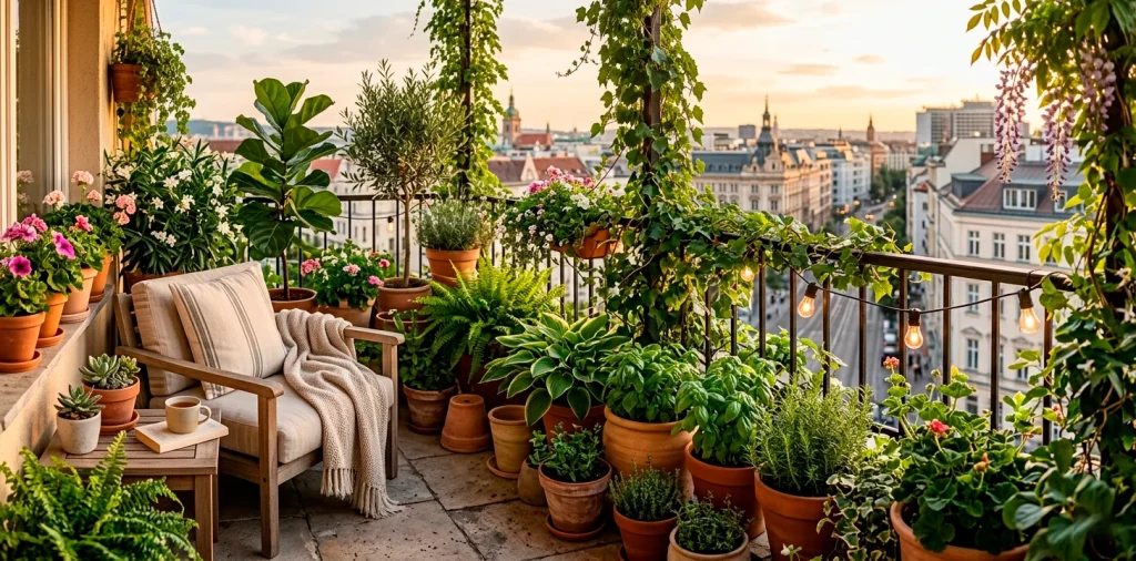 Cozy urban balcony filled with fragrant potted plants and herbs glowing in warm golden hour sunlight.
