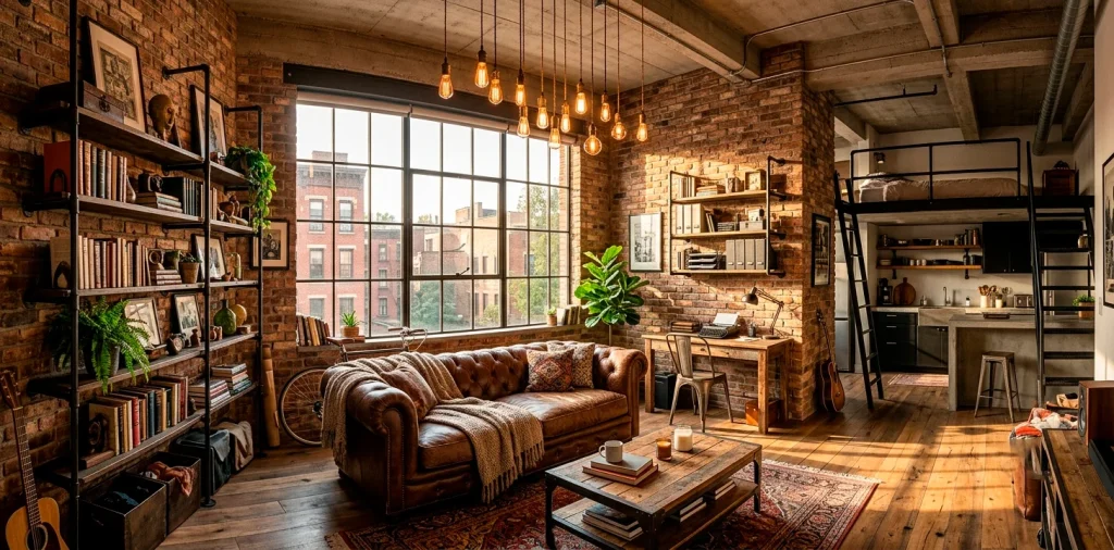 Beautiful industrial loft style small apartment interior with exposed brick and leather sofa