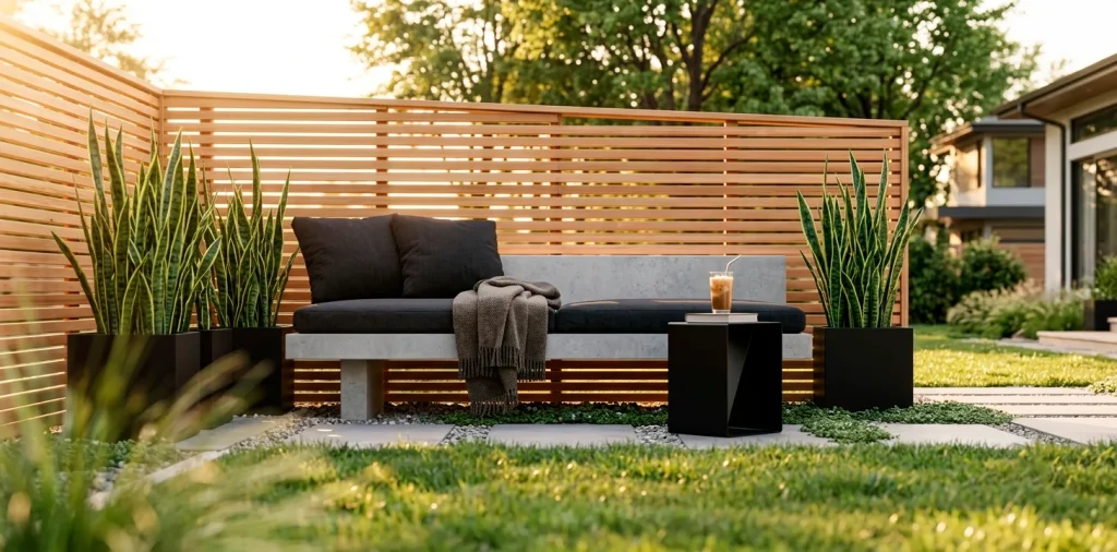 Wide horizontal view of a minimalist garden reading nook featuring a concrete bench and slatted wood privacy screen at golden hour.