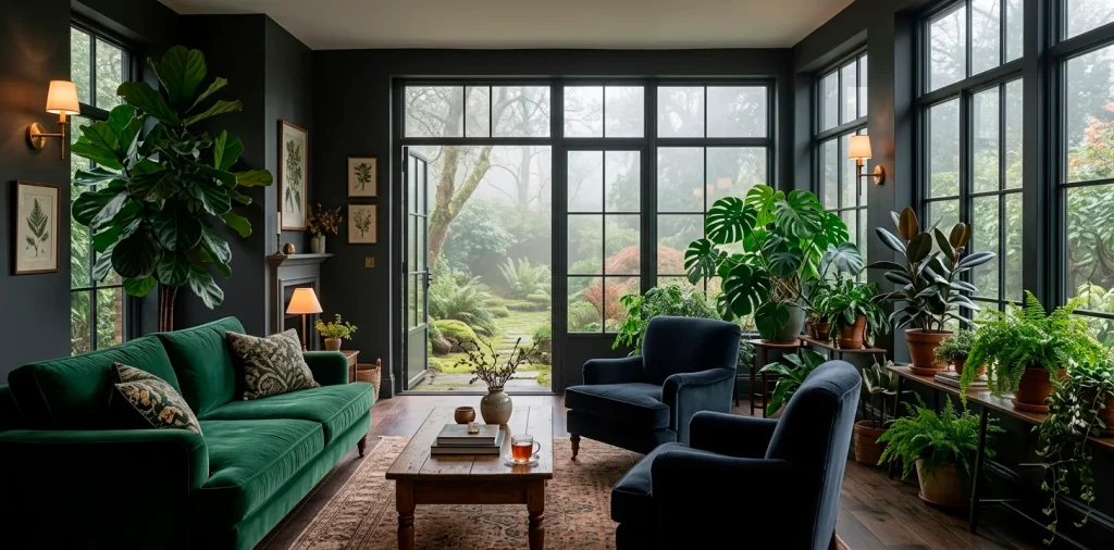 Elegant moody charcoal sunroom retreat with large windows, velvet seating, and dark gray walls.