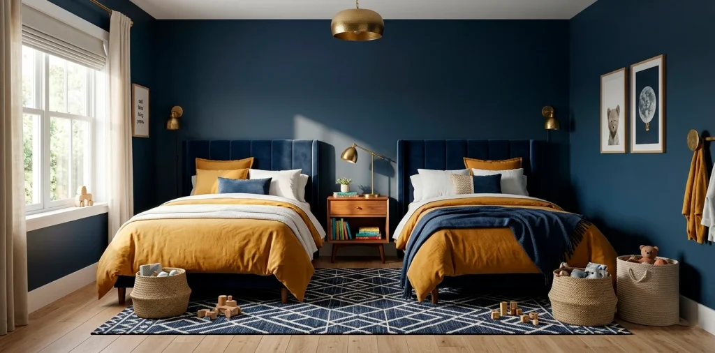 Moody shared kids bedroom featuring deep navy blue walls, matching velvet headboards, and mustard yellow accents.