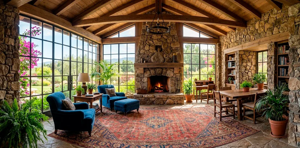 Wide view of a beautiful enclosed sunroom featuring rugged stone walls, a fireplace, and elegant seating