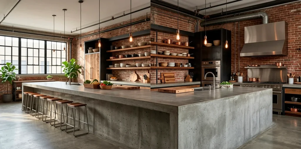 A wide horizontal view of a rugged industrial kitchen with a large gray concrete island slab and brick walls.