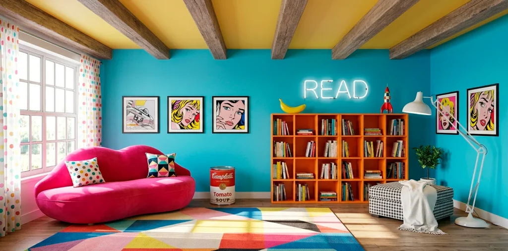 Wide view of a vibrant pop art reading nook featuring a lip-shaped sofa and bold primary colors