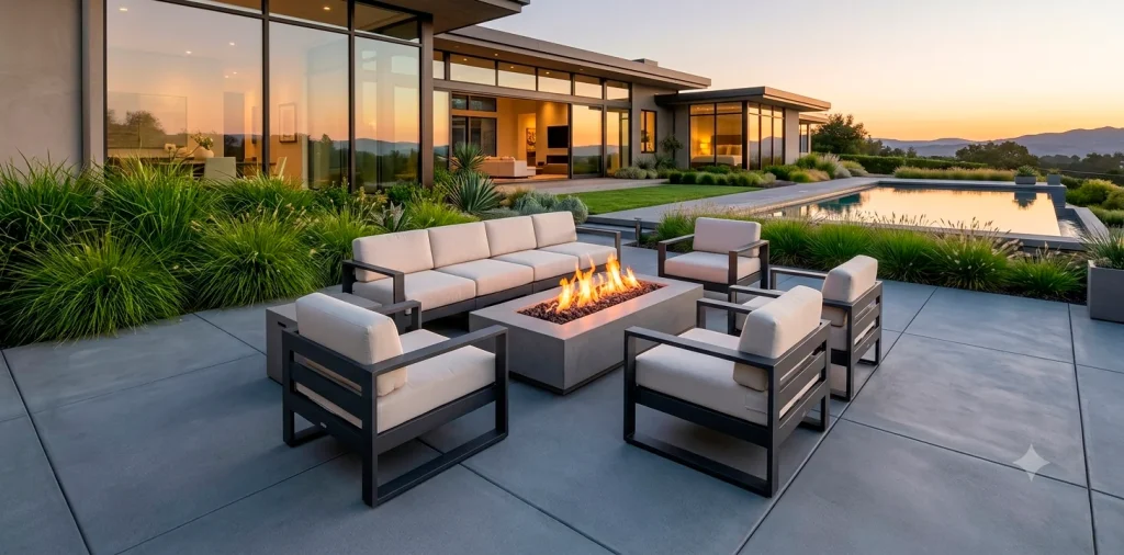 Modern slate gray concrete patio with outdoor seating and fire pit at sunset.