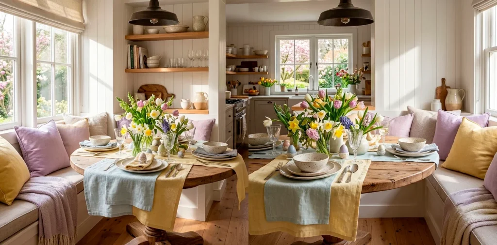 Cozy breakfast nook decorated for Easter hosting with pastel flowers and elegant table settings