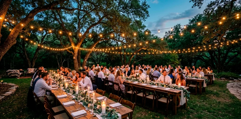 Long rustic wooden farmhouse tables under glowing string lights at a cozy backyard wedding reception.
