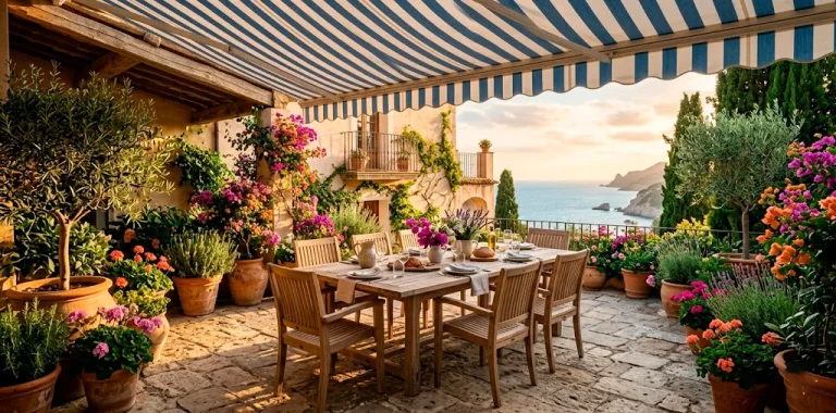 Mediterranean Riviera inspired patio with teak furniture, striped awning, and terra cotta planters at golden hour