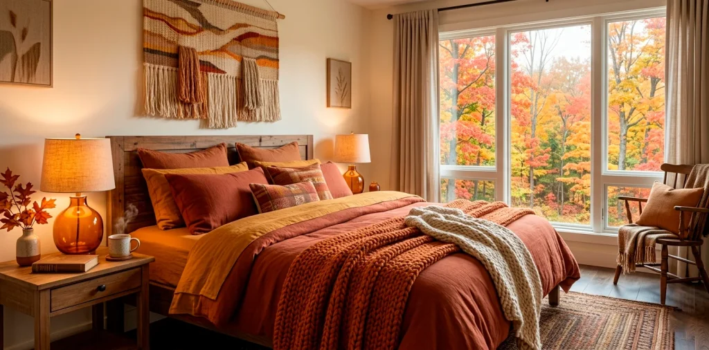 A cozy autumn bedroom sanctuary featuring layered mustard and rust bedding, warm lighting, and a view of fall foliage.