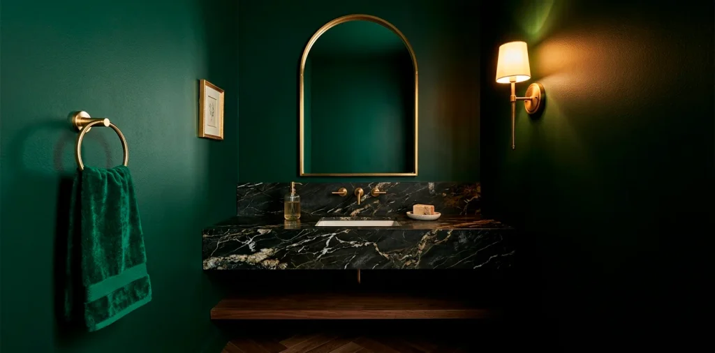 Luxurious moody powder room with dark emerald walls, a gold arched mirror, and brass sconce lighting