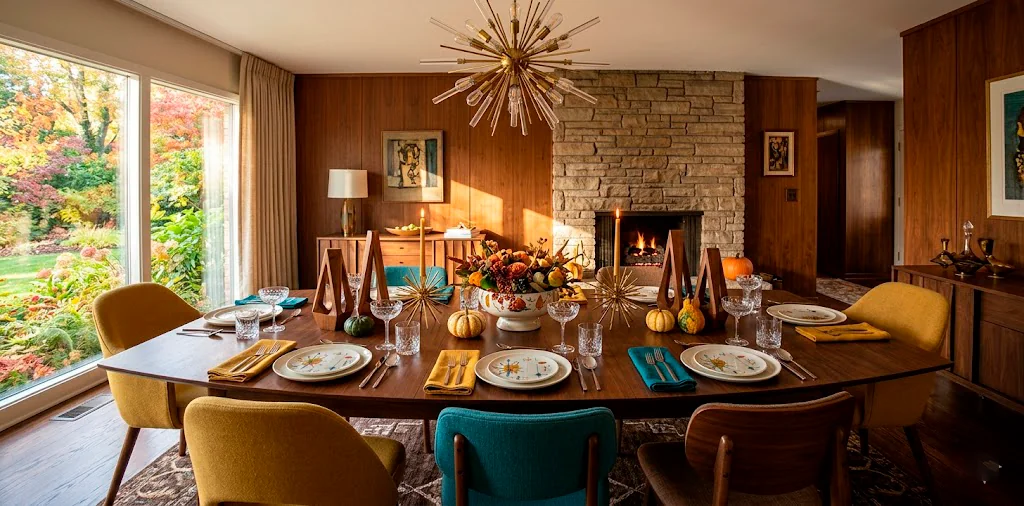 A perfectly styled mid-century modern Thanksgiving table with teak accents, mustard napkins, and sleek coupe glasses