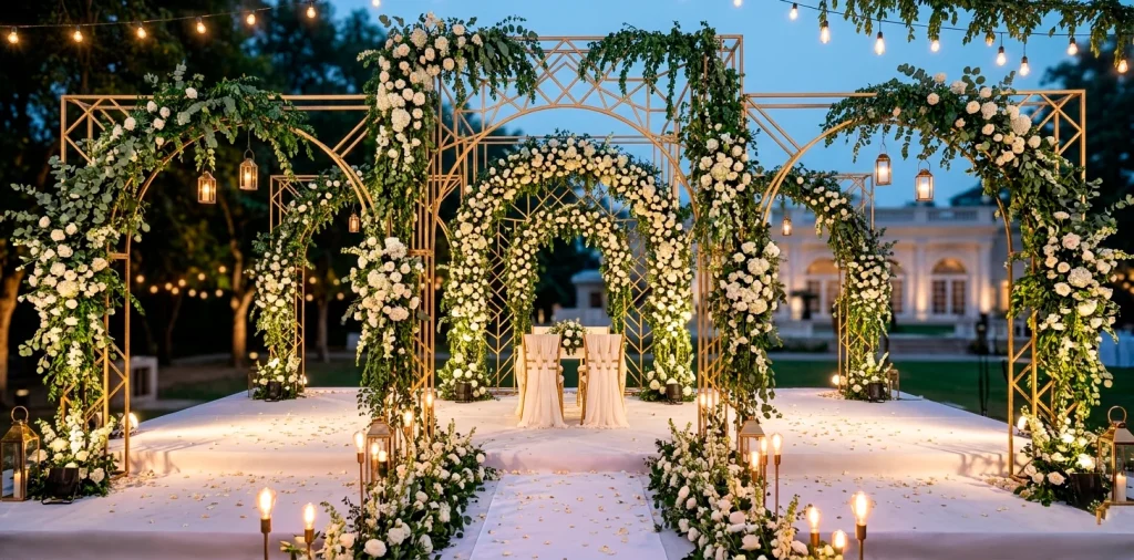 Elegant DIY geometric wedding stage decorations featuring gold arches, white floral arrangements, and warm lights.