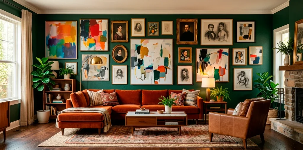 Eclectic living room gallery wall mixing modern abstract art with vintage portraits