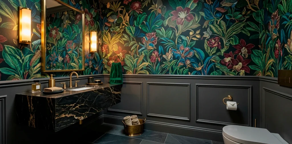 Wide view of a stunning powder room featuring bold botanical wallpaper and a floating marble vanity