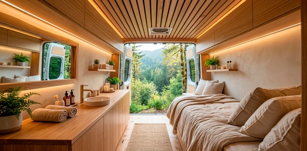 Luxurious and relaxing spa-inspired Sprinter van interior with warm wood ceilings and soft lighting.