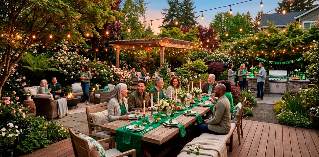 Elegant St. Patrick's Day outdoor garden party setup with green runners, wooden table, and warm string lights at dusk