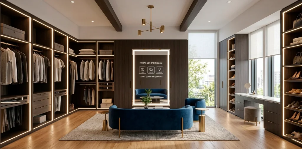 Modern dressing room featuring a smart mirror and LED-lit custom wardrobes.