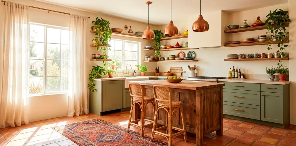A wide view of a global boho kitchen featuring earthy green cabinets, open shelving, a vintage rug, and hanging copper lights.