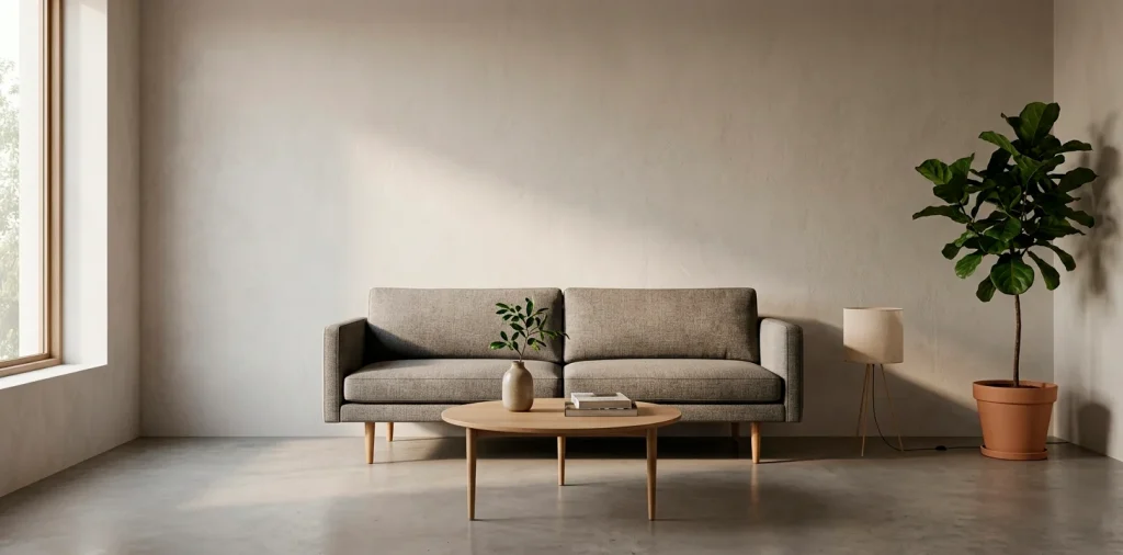 A small modern living room demonstrating the use of negative space with bare walls and minimalist furniture.