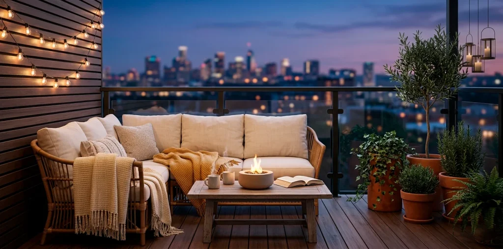 Cozy dreamy balcony decorated with rattan furniture, string lights, and lush potted plants at twilight