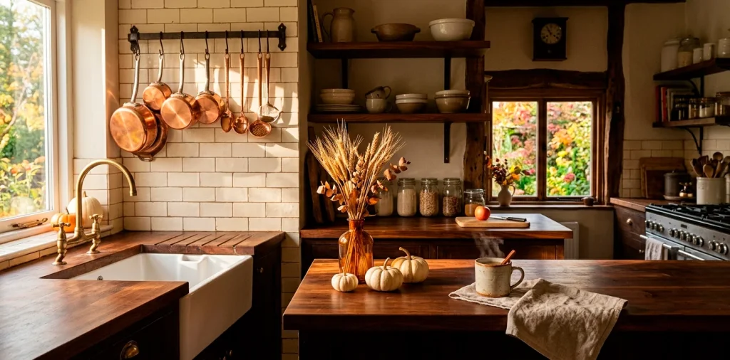 Cozy fall kitchen decor featuring copper pots, warm wood counters, white pumpkins, and an amber vase.