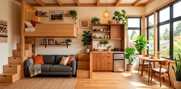 Cozy studio apartment featuring modern multi-functional furniture and warm lighting