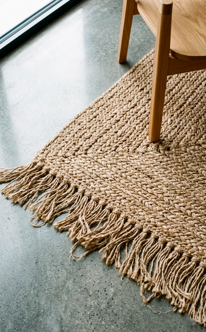 Chunky braided jute rug with frayed edges on concrete floor.