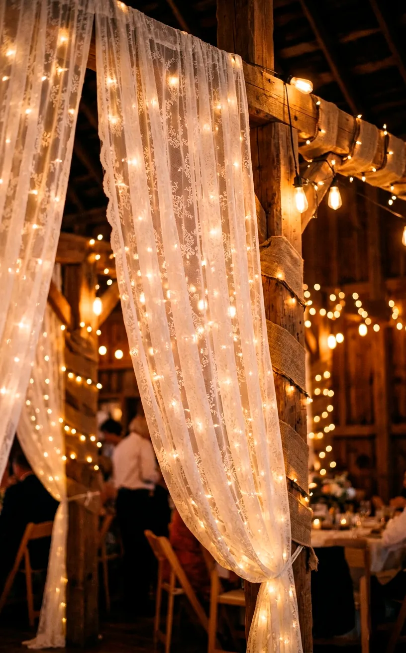 Fairy lights glowing through sheer lace fabric next to burlap wrapped wooden beams