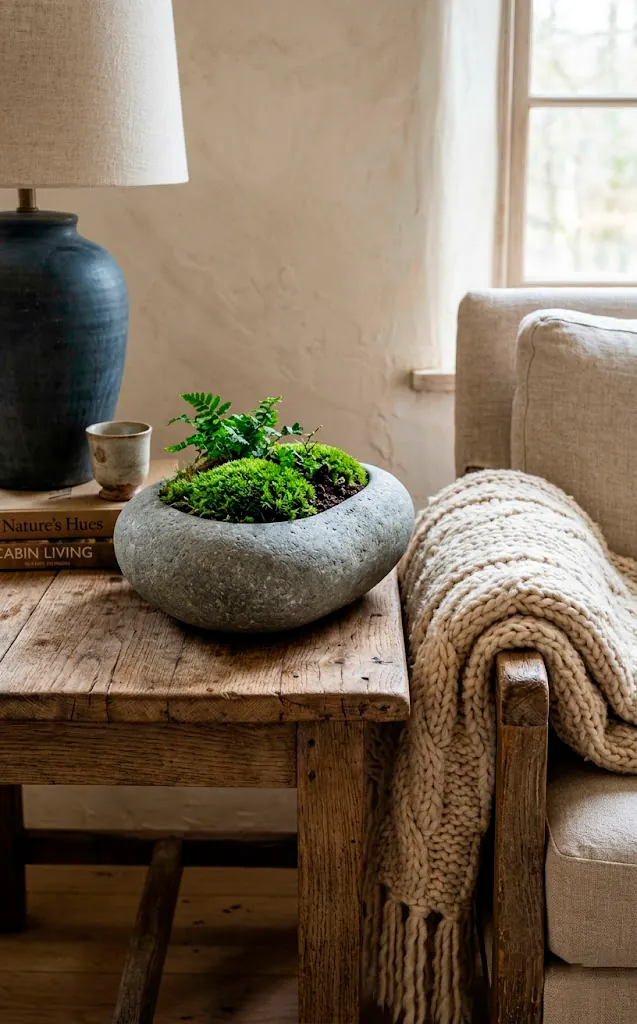 Smooth river stone planter with moss next to a chunky knit blanket.