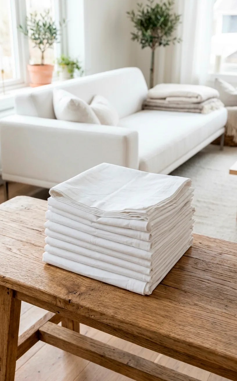 Freshly laundered white sofa cushion covers stacked on a wooden bench