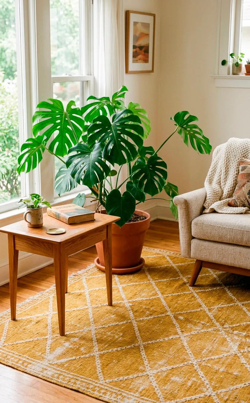Faded mustard yellow diamond trellis rug under a mid-century side table.