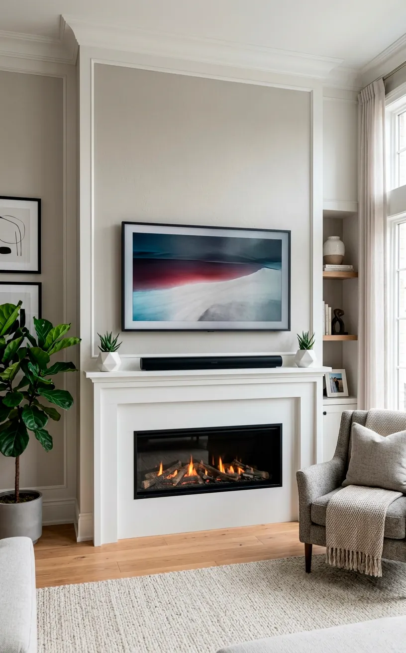 Modern fireplace with a mounted TV acting as the symmetrical focal point above a minimalist mantle.