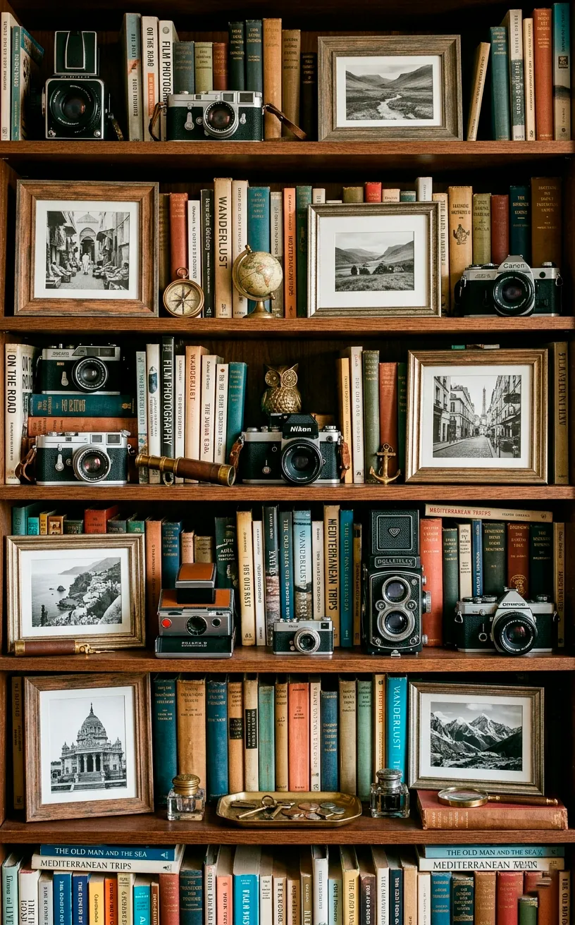An eclectic bookshelf featuring vintage cameras, framed photos, and worn hardcover books.
