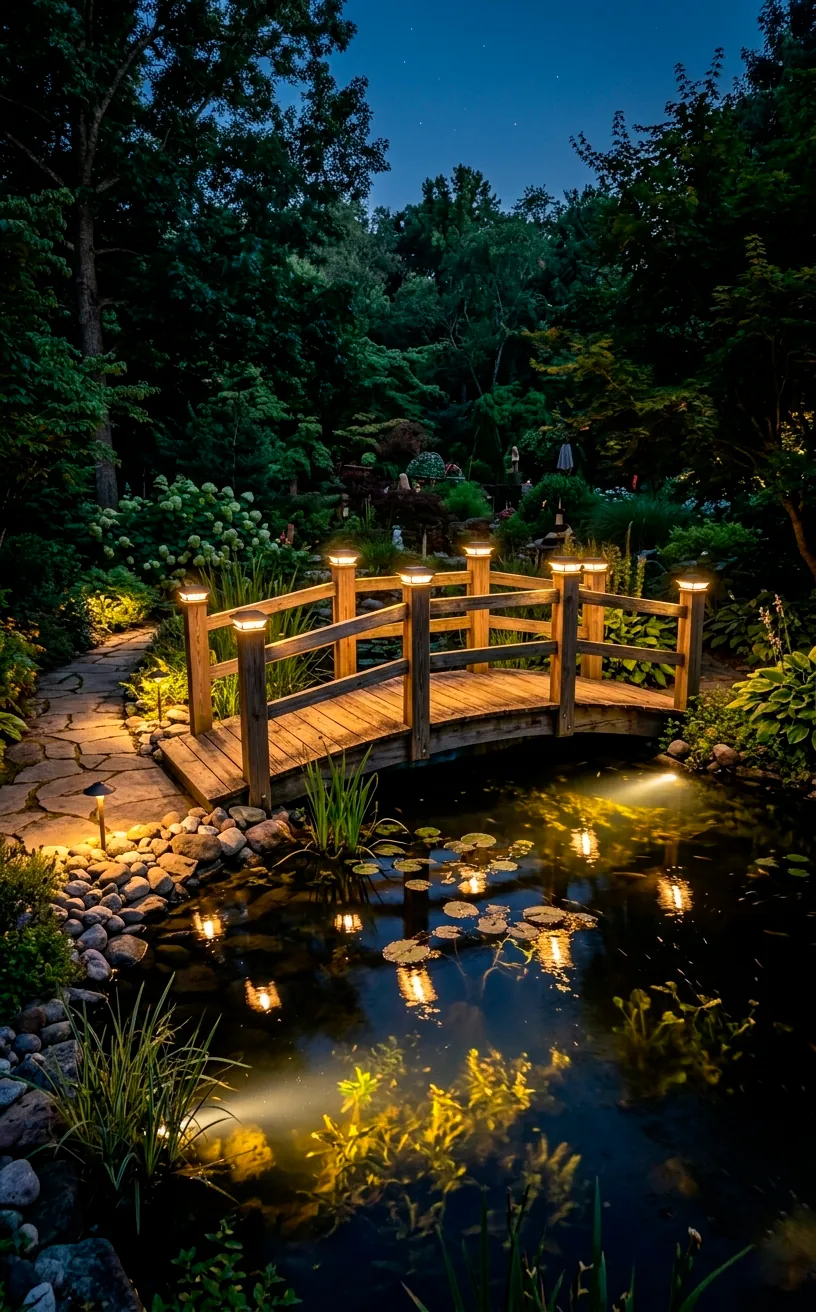A backyard pond bridge illuminated by warm white lighting at night
