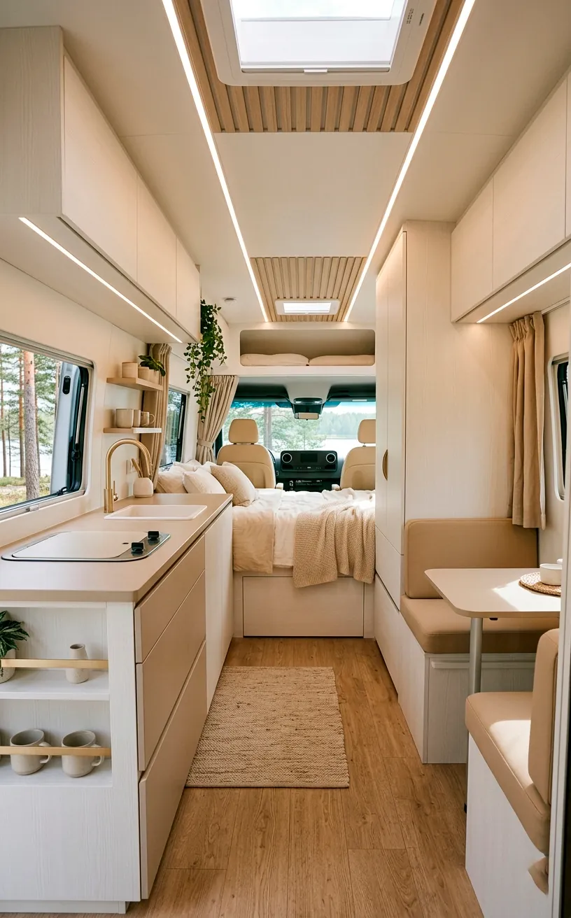 Bright van interior decorated in a calming neutral color palette of whites and beiges.