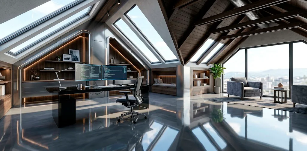 Modern high-gloss attic office featuring an epoxy floor, glass smart desk, and glowing tech under a bright skylight.